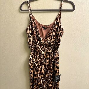 Lulu's Brown and Tan Leopard Print Jumpsuit with V-Neckline size medium